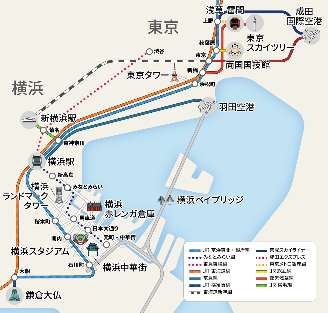 空港から横浜までの概略地図