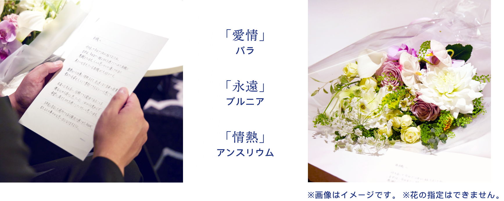 「愛情」バラ「永遠」ブルニア 「情熱」アンスリウム ※画像はイメージです。※花の指定はできません。